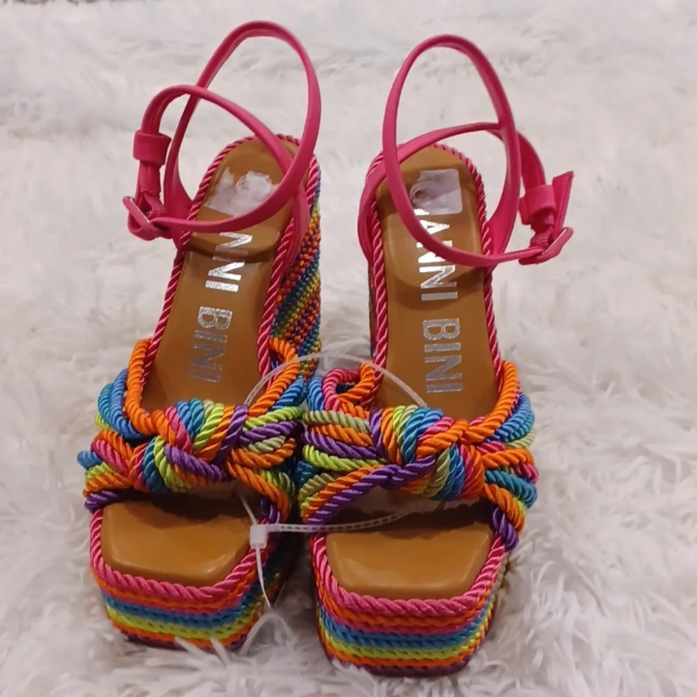 Gianni Bini Rainbow Striped Platform Sandals with Pink Straps